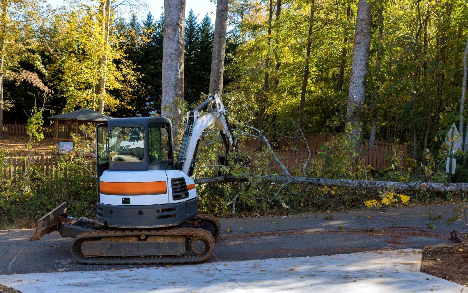 a tractor is being used to remove the tree blocking the road