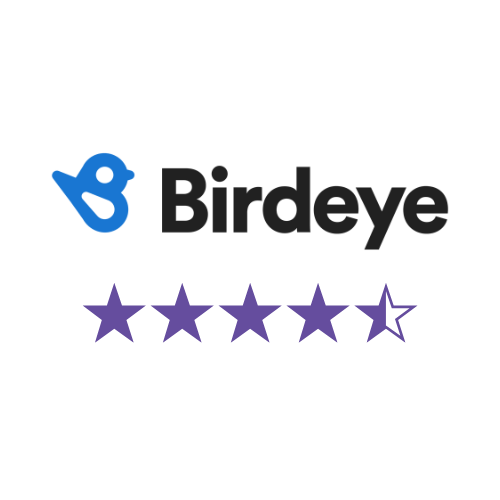 A birdeye logo with purple stars on a white background.