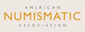 American Numismatic Association logo in gold and gray on beige background.