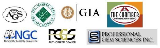 AGS, Member of The Jewelers Board of Trade, GIA, The Chamber of Medford Jackson County, NGC and PCGS Authorized Dealer logos