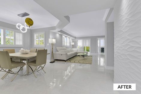 Modern living room with white walls, reflective floor, and contemporary furniture.