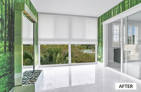 Bright white room with large windows, white roller shades, and a bamboo forest wall mural.