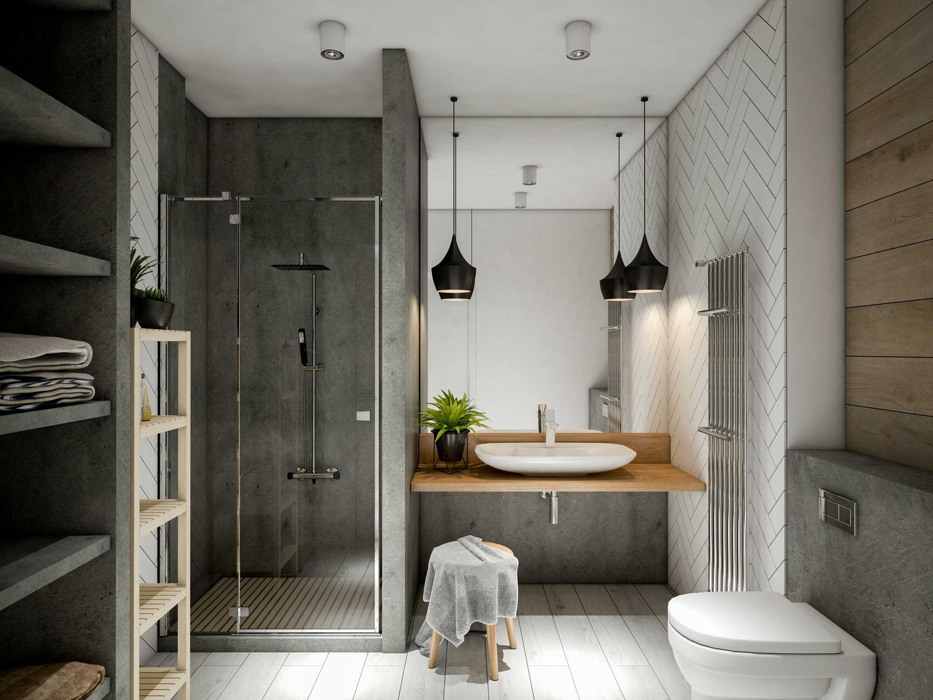 Modern bathroom with concrete walls, wood accents, shower, and floating sink.