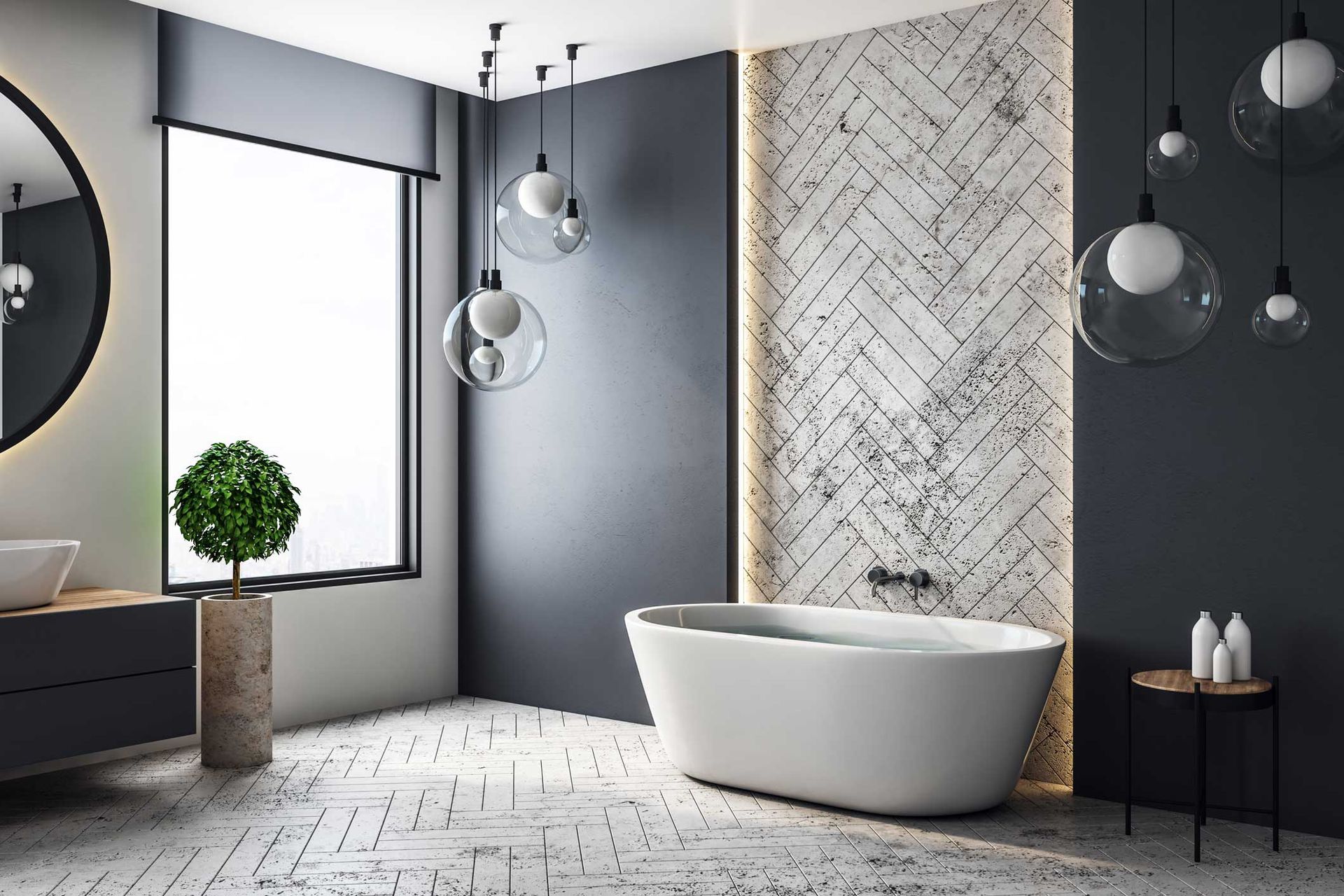 Modern bathroom with white tub, round mirror, and decorative lights. Gray walls and patterned tile.