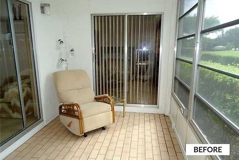 Sunroom with recliner, vertical blinds, and tiled floor. Exterior view through windows.