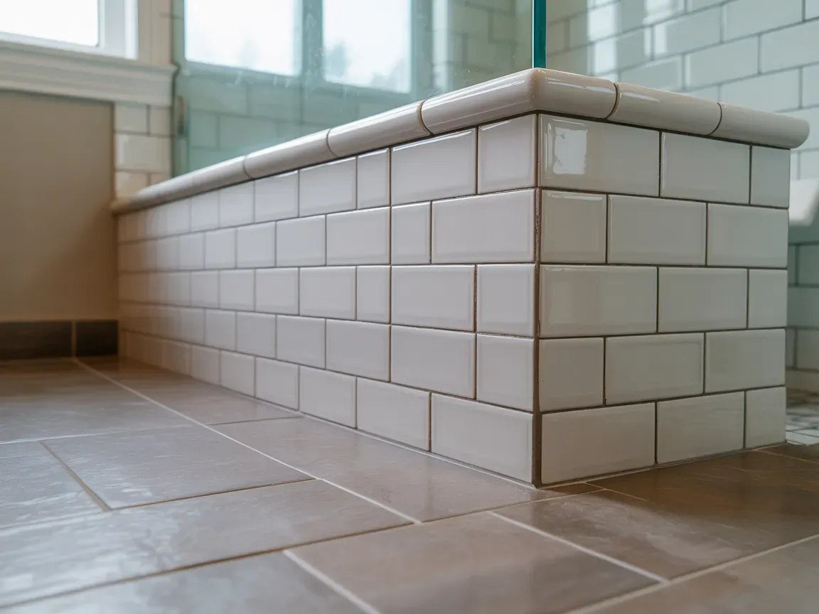 White tiled bench in a bathroom with beige flooring.