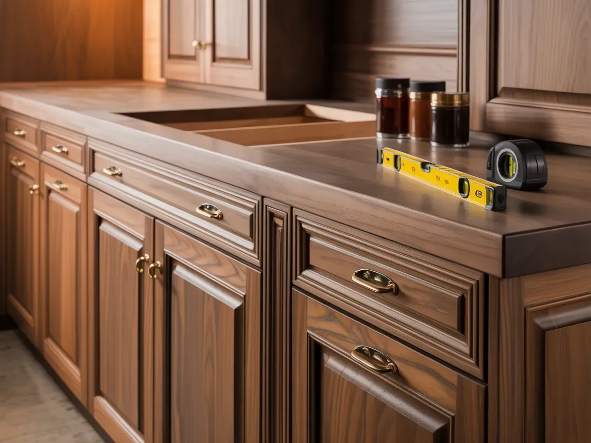 Wooden kitchen cabinets with countertop; level and tape measure on surface.
