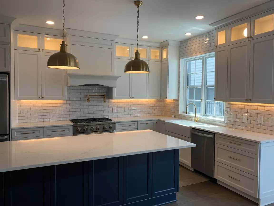 Modern kitchen with white and navy cabinets, brass light fixtures, and white countertops.