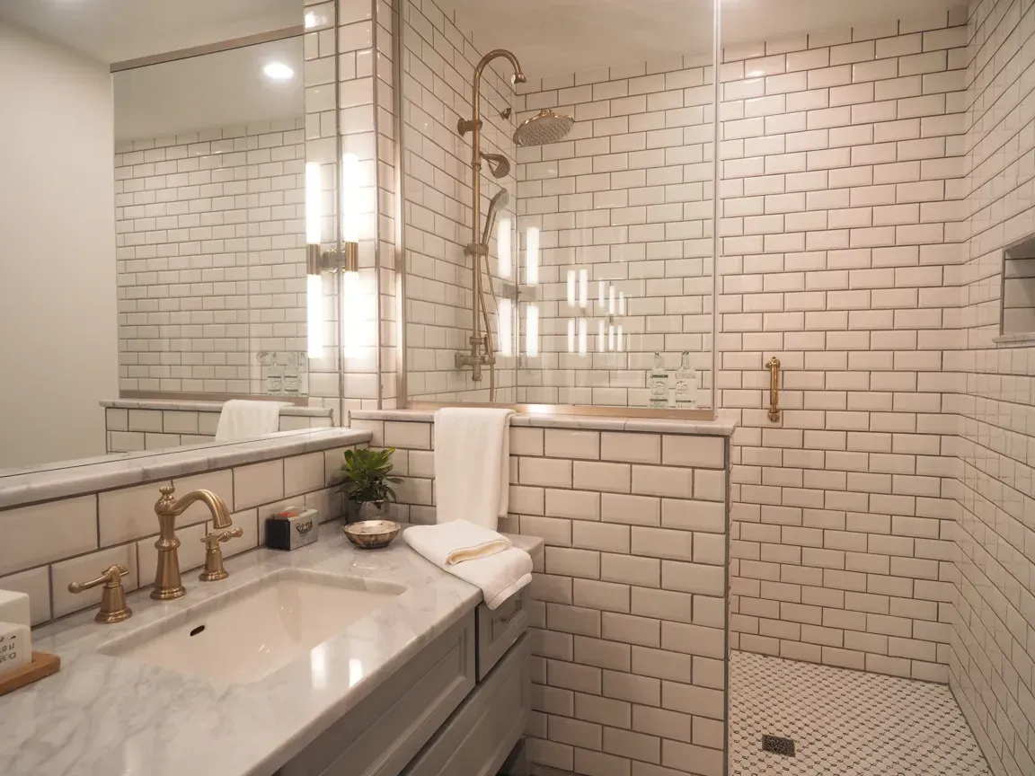 Bathroom with white brick-style tiles, marble countertop with gold fixtures, glass shower enclosure, and large mirror.
