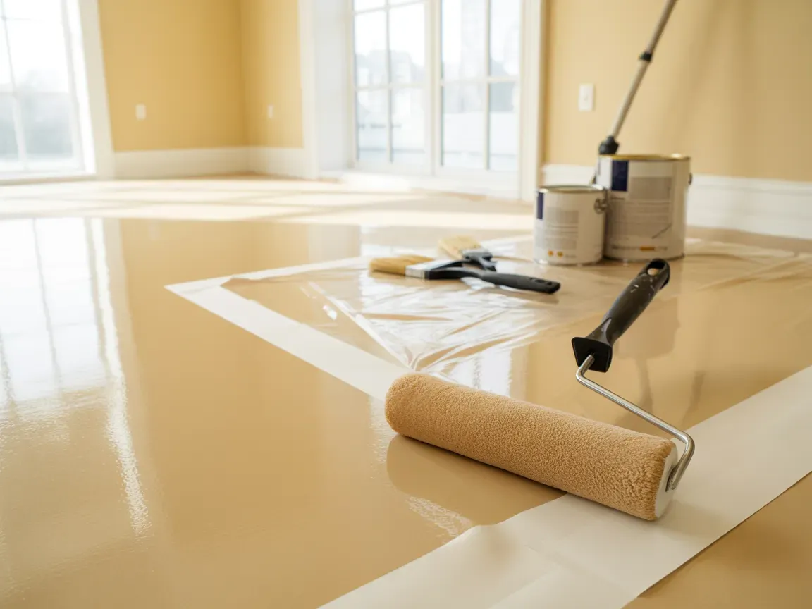 Room being painted with roller. Tan paint, drop cloths, and painting supplies are visible.