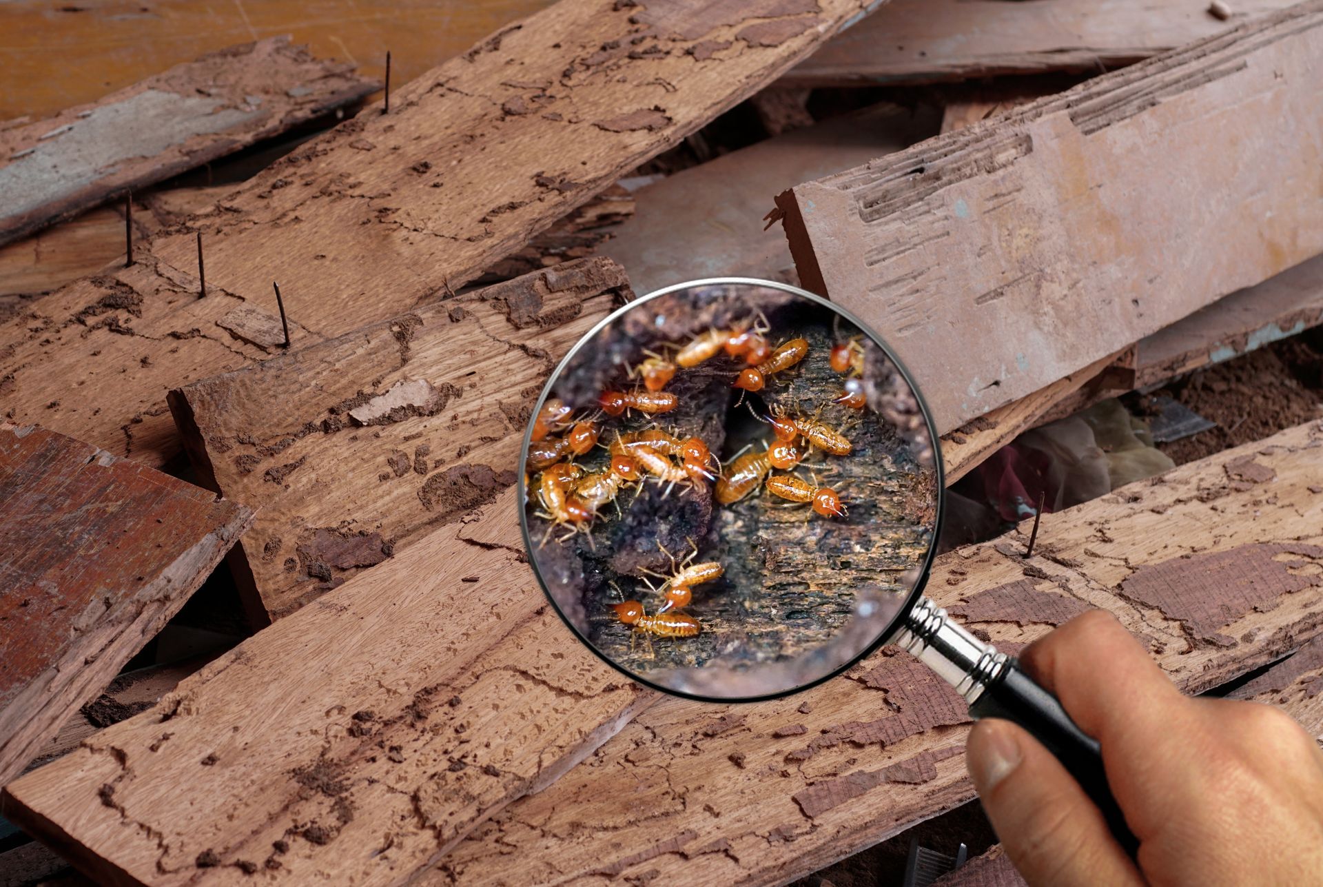 A person is holding a magnifying glass over a pile of wood.