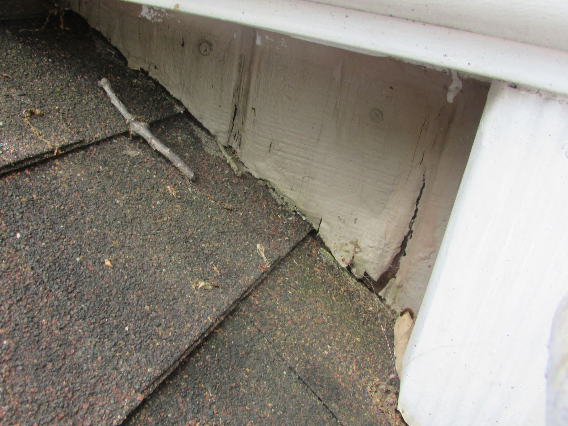 A close up of a roof with shingles and a white trim.