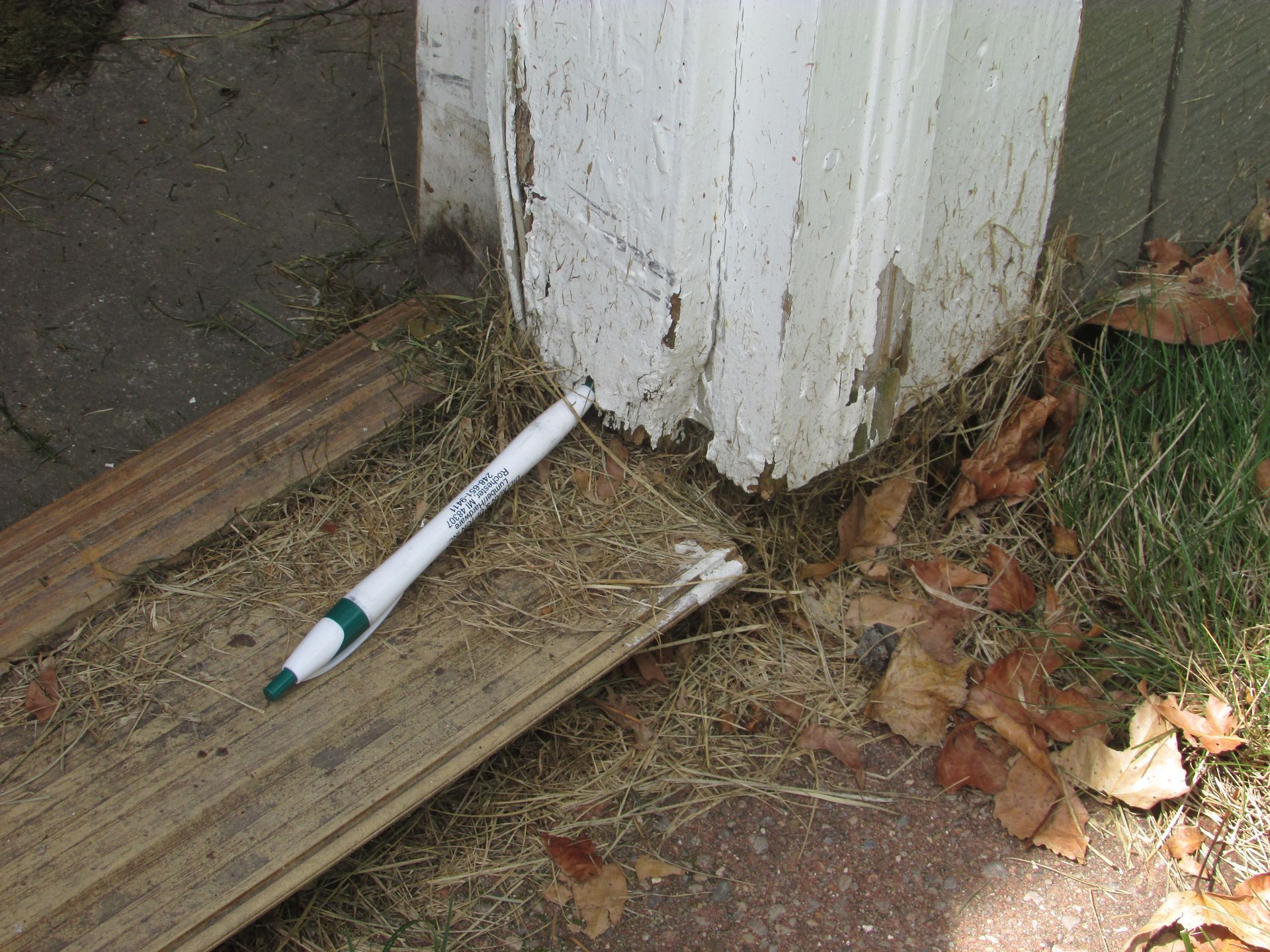 A pen is laying on a piece of wood next to a door.