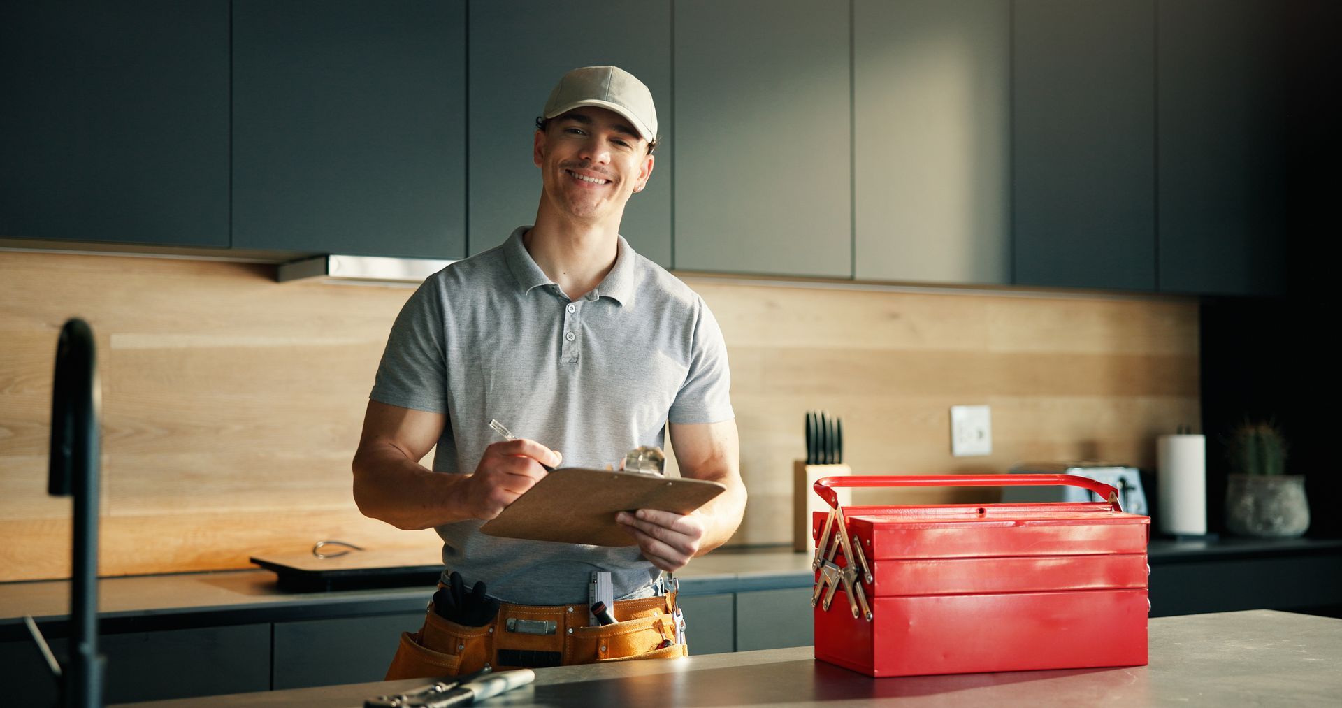 Service technician reviewing a checklist beside a red toolbox in a modern kitchen.