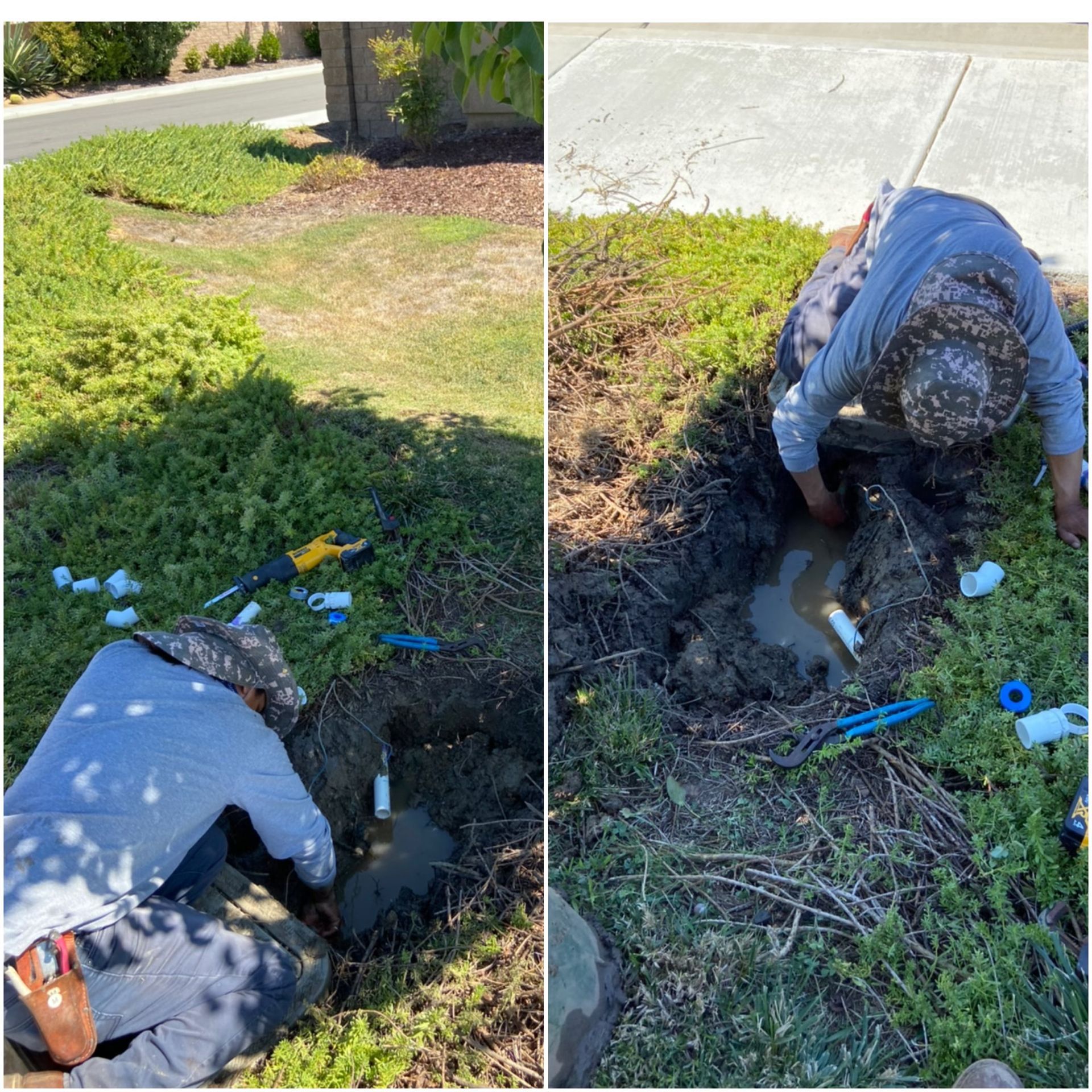 Two images show a person working on irrigation. They are in a hole in the ground, surrounded by tools and water.