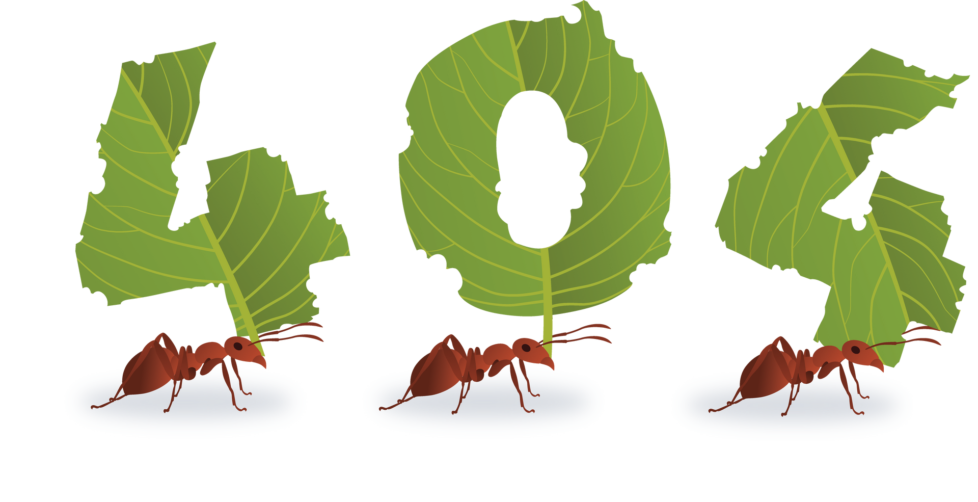 404 design of ants holding leaves spelling 404