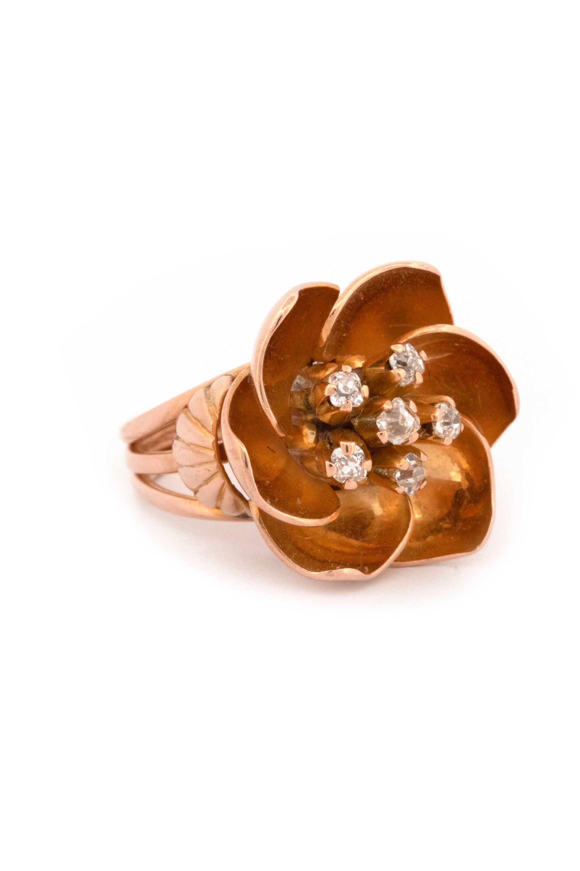 14k Rose Gold & Mine cut Diamond Flower Ring