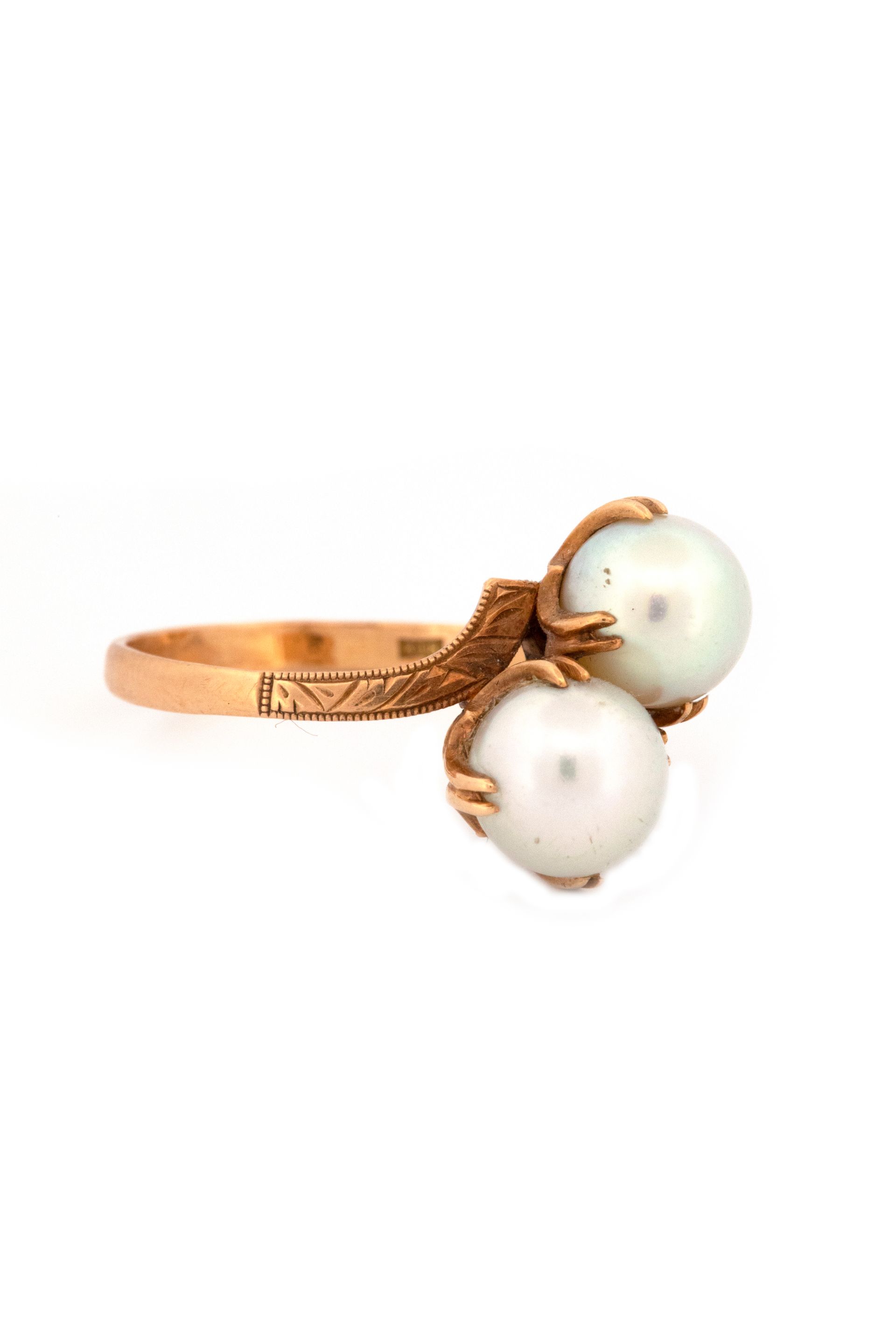18k Yellow Gold Two Pearl Ring with Engraved Shank