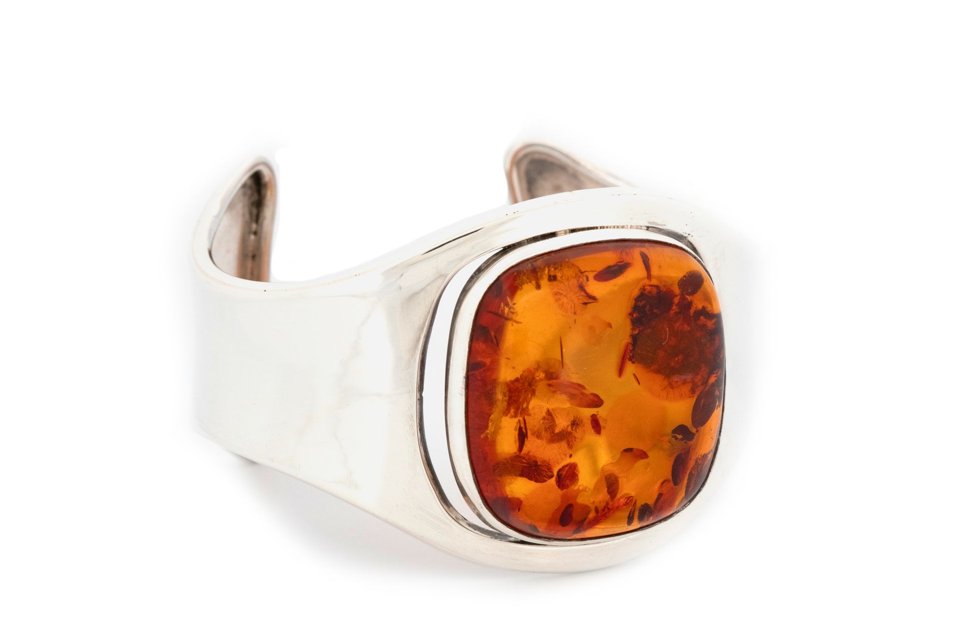 Large Natural Amber Cabochon Sterling Silver Cuff