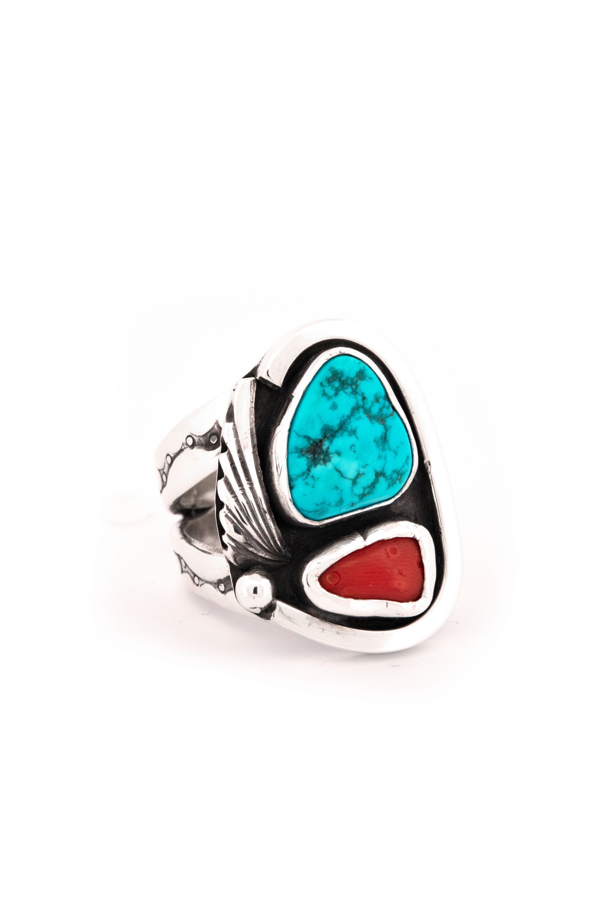 Sterling Silver Turquoise and Coral Ring