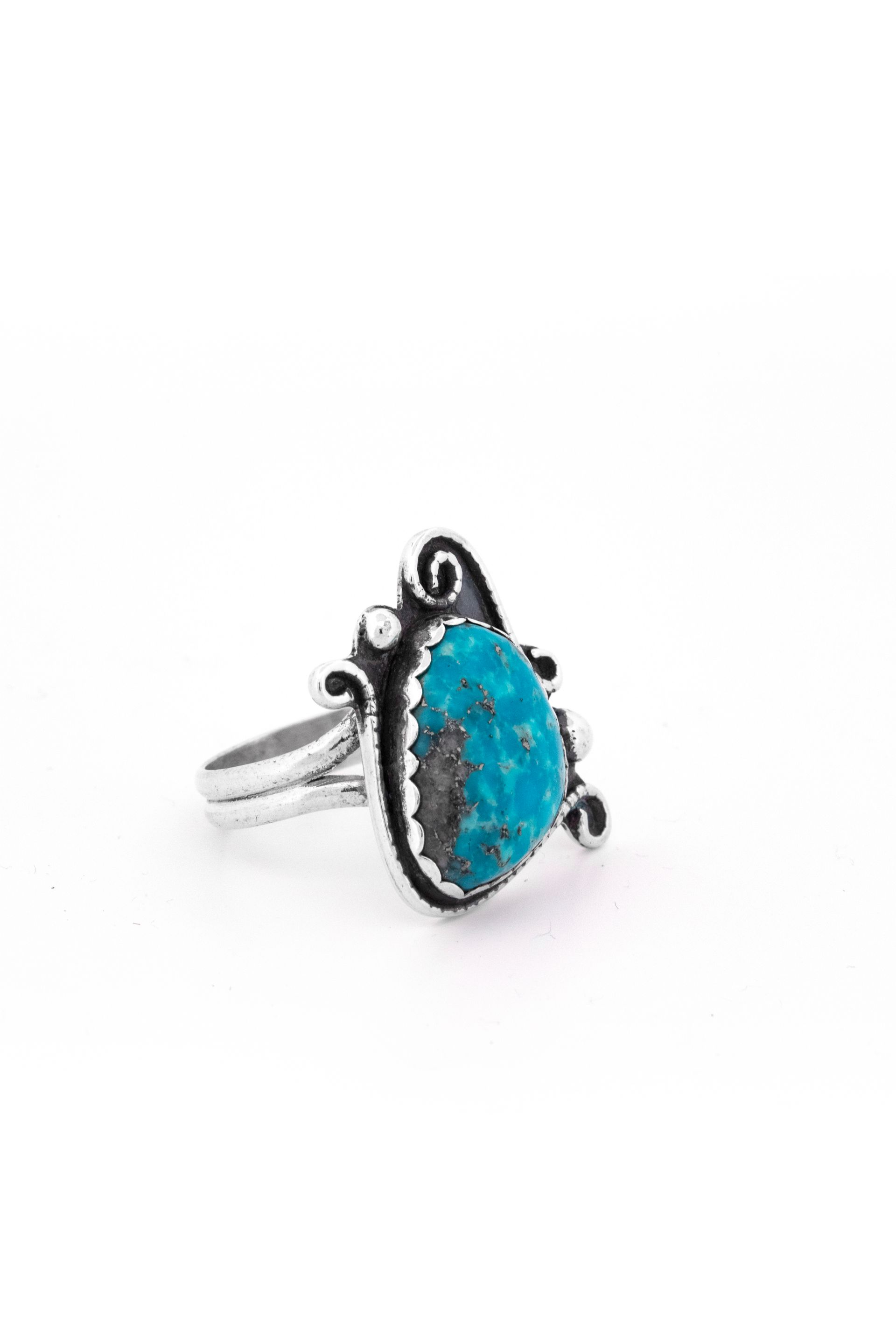 Sterling Silver Turquoise Ring with Swirl and Ball Design