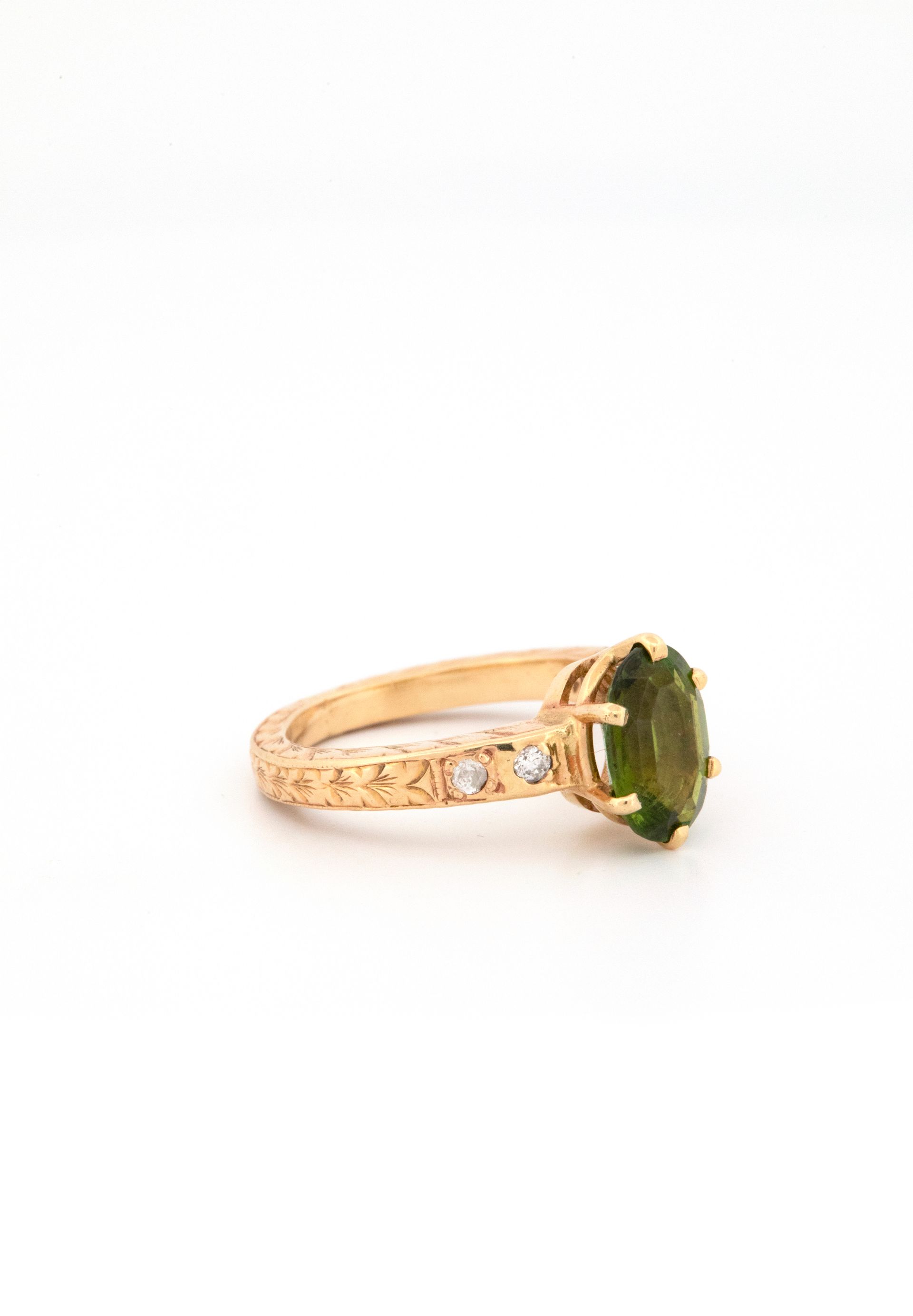 14k Yellow Gold, Green Tourmaline & Diamond Ring