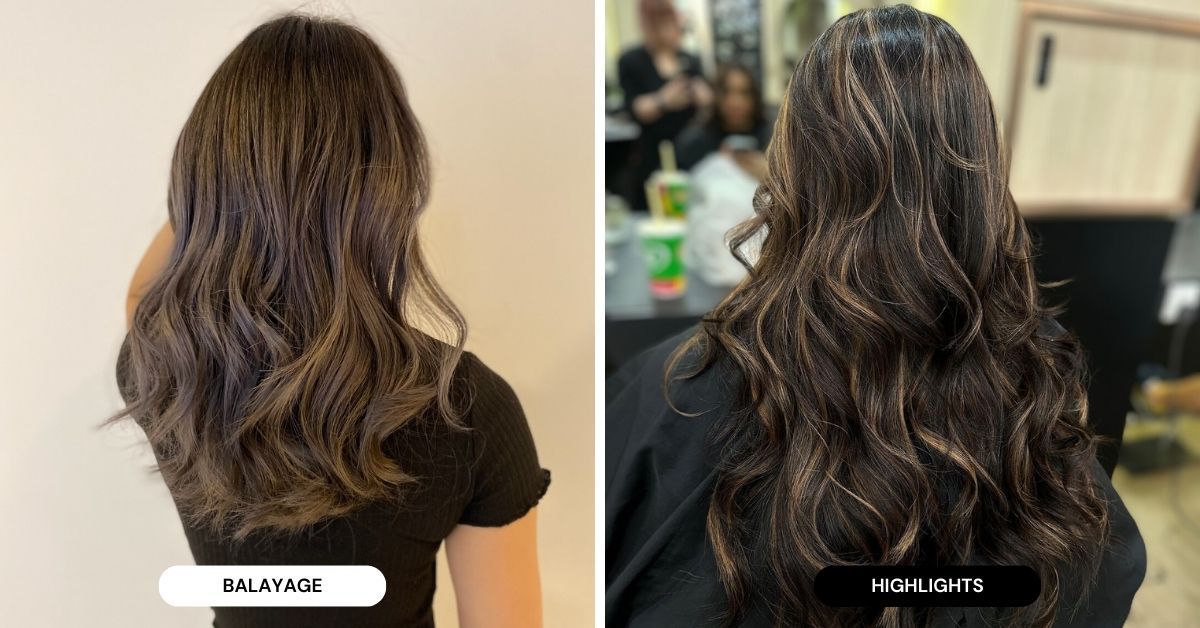 This is a photo showcasing the difference between balayage versus highlights