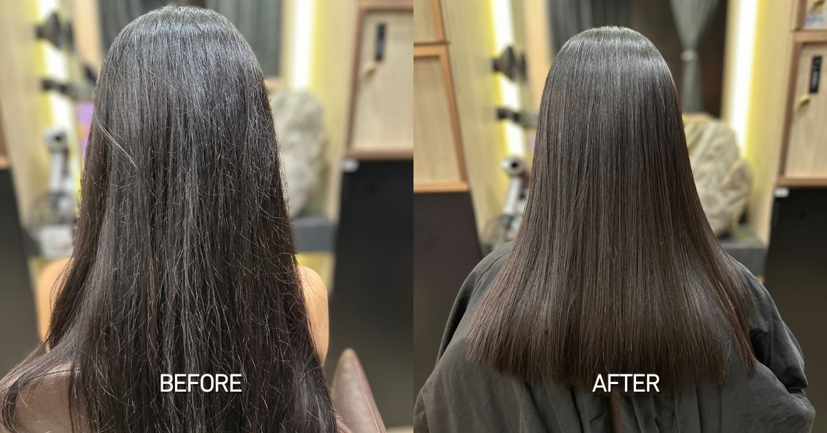 An image of a before and after of a keratin anti frizz treatment
