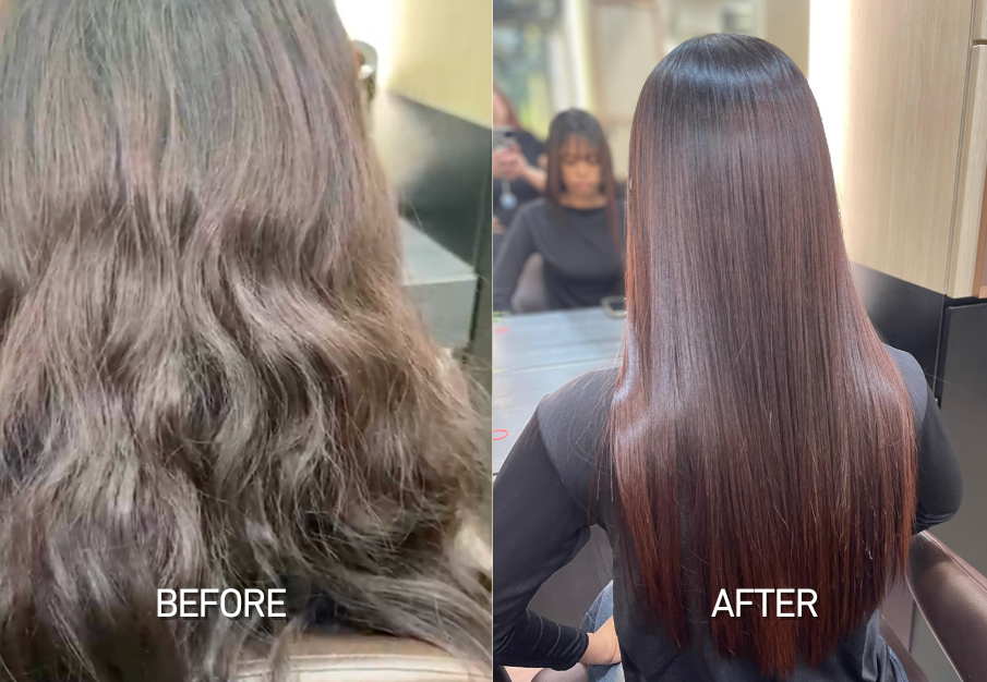 An image of a before and after of a keratin treatment