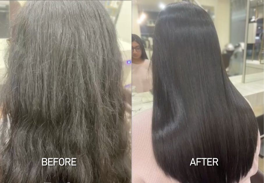 An image featuring the before and after of a keratin hair treatment