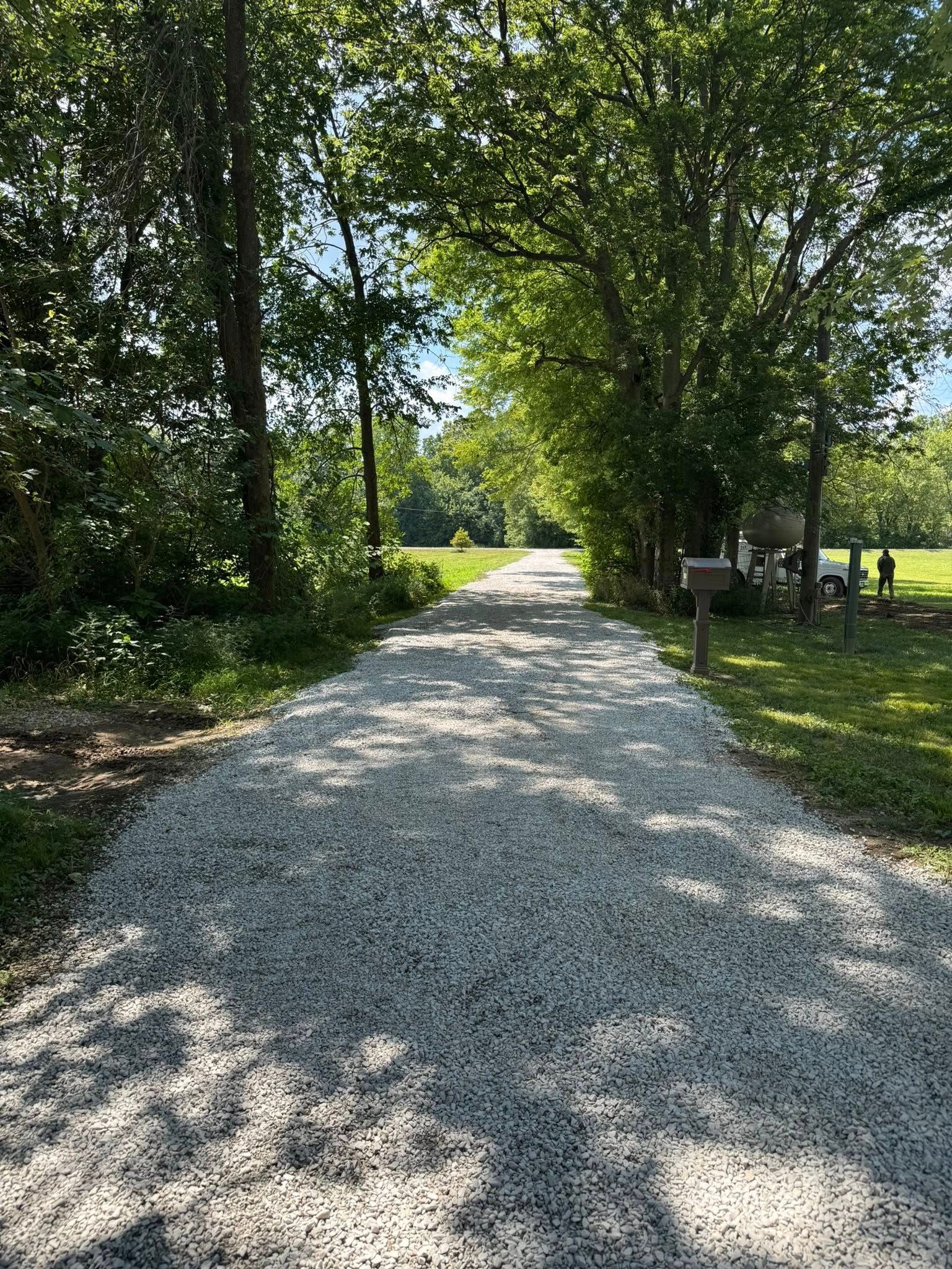 Gravel driveway lined by trees, leading toward a grassy area on a sunny day.