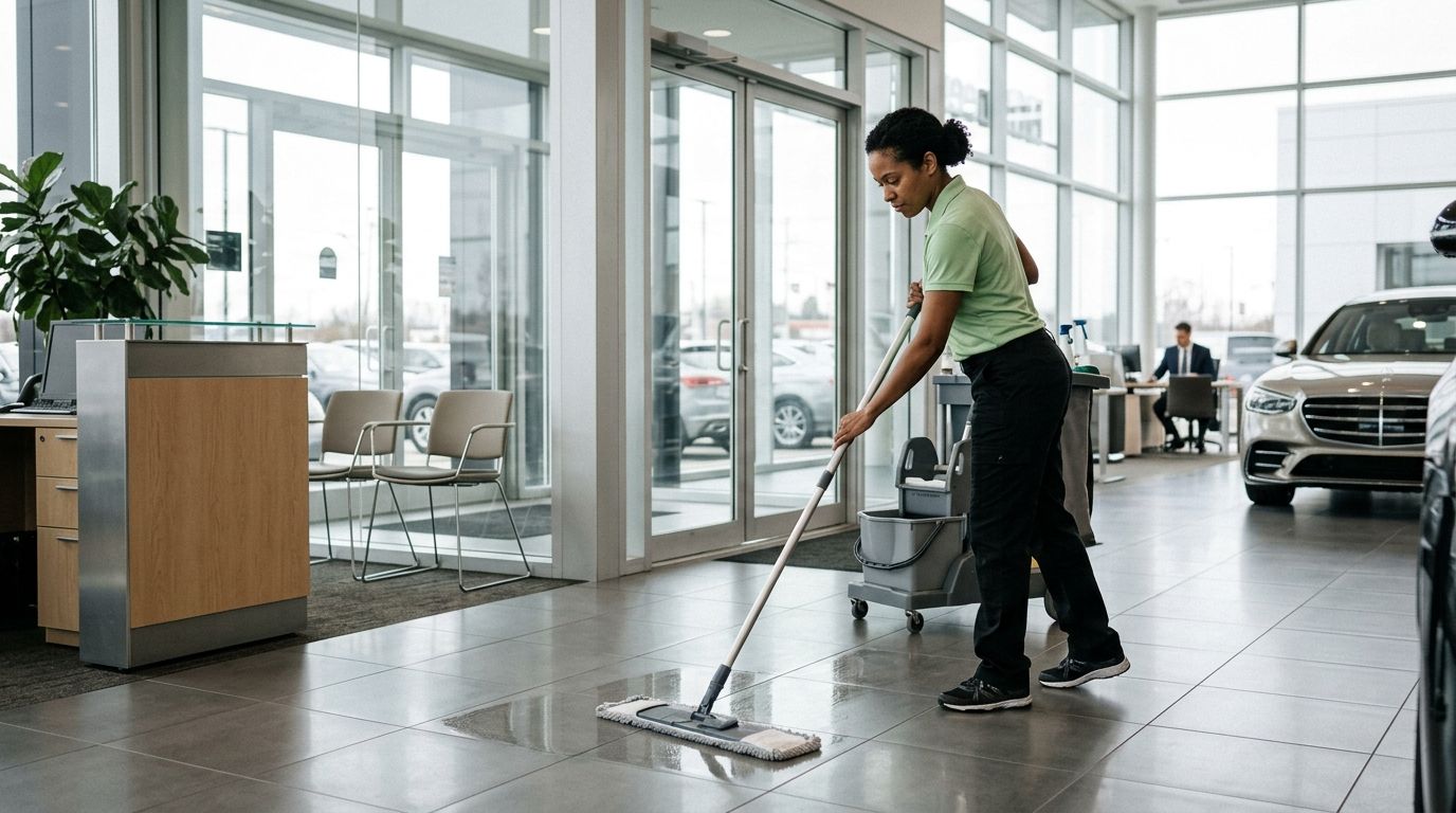 Professional Cleaner Mopping Auto Dealership Showroom Floor in Burnsville, MN