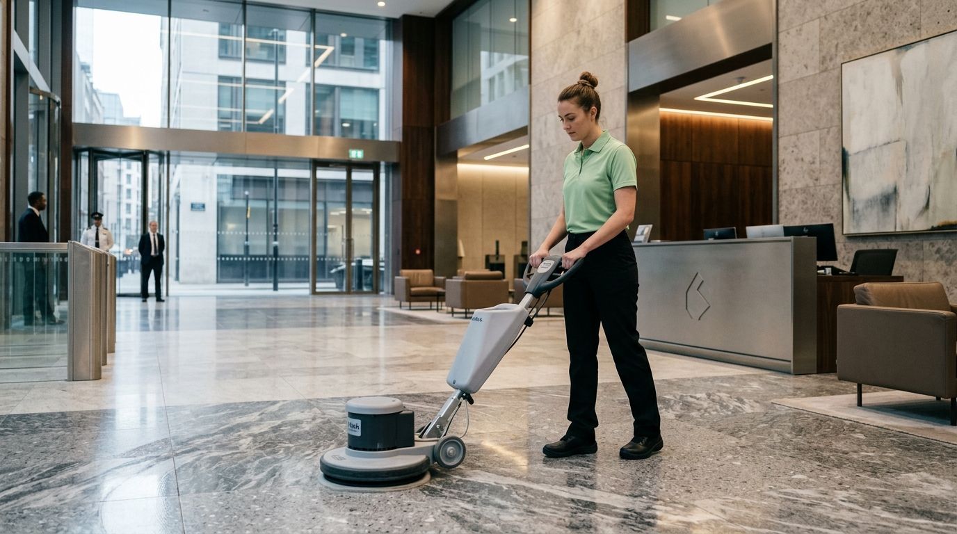 Professional Cleaner Buffing Commercial Lobby Floor in Burnsville, MN