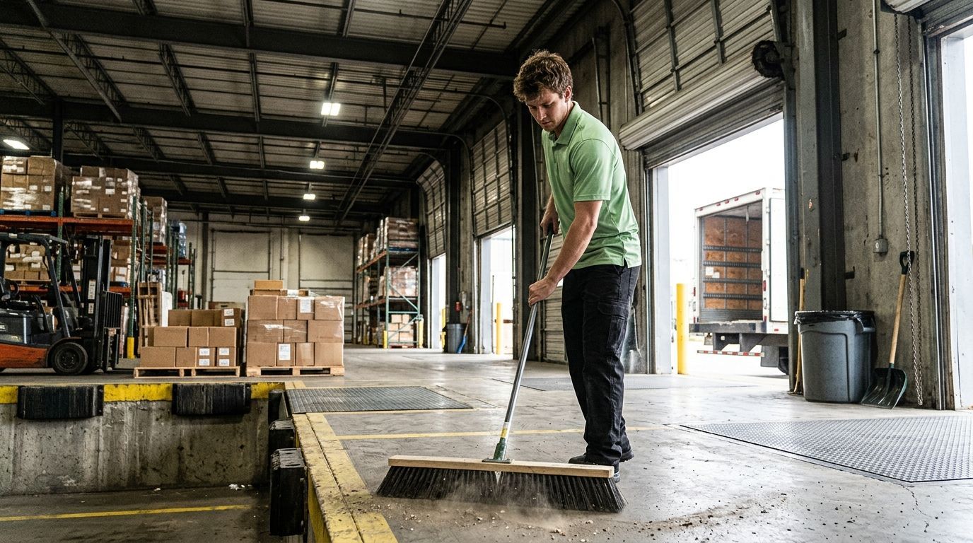 Professional Cleaner Sweeping Warehouse Loading Dock Floor in Burnsville, MN