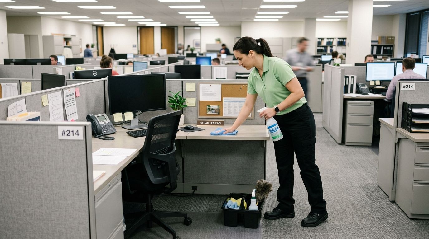 Cleaner wiping desk in open office workspace, Burnsville, MN