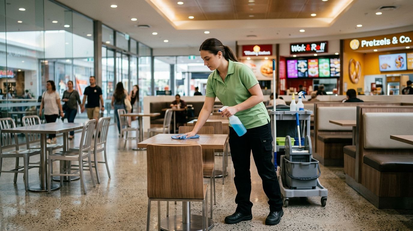 Professional Cleaner Wiping Food Court Dining Table in Burnsville, MN