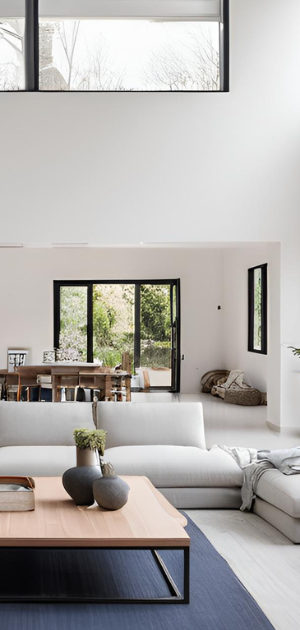 A living room with a white couch and a wooden coffee table