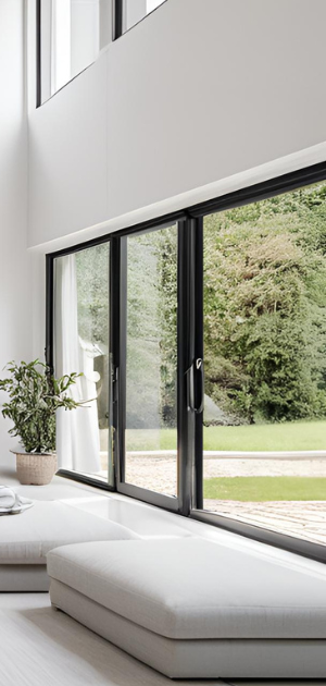 A living room with a lot of windows and a couch.