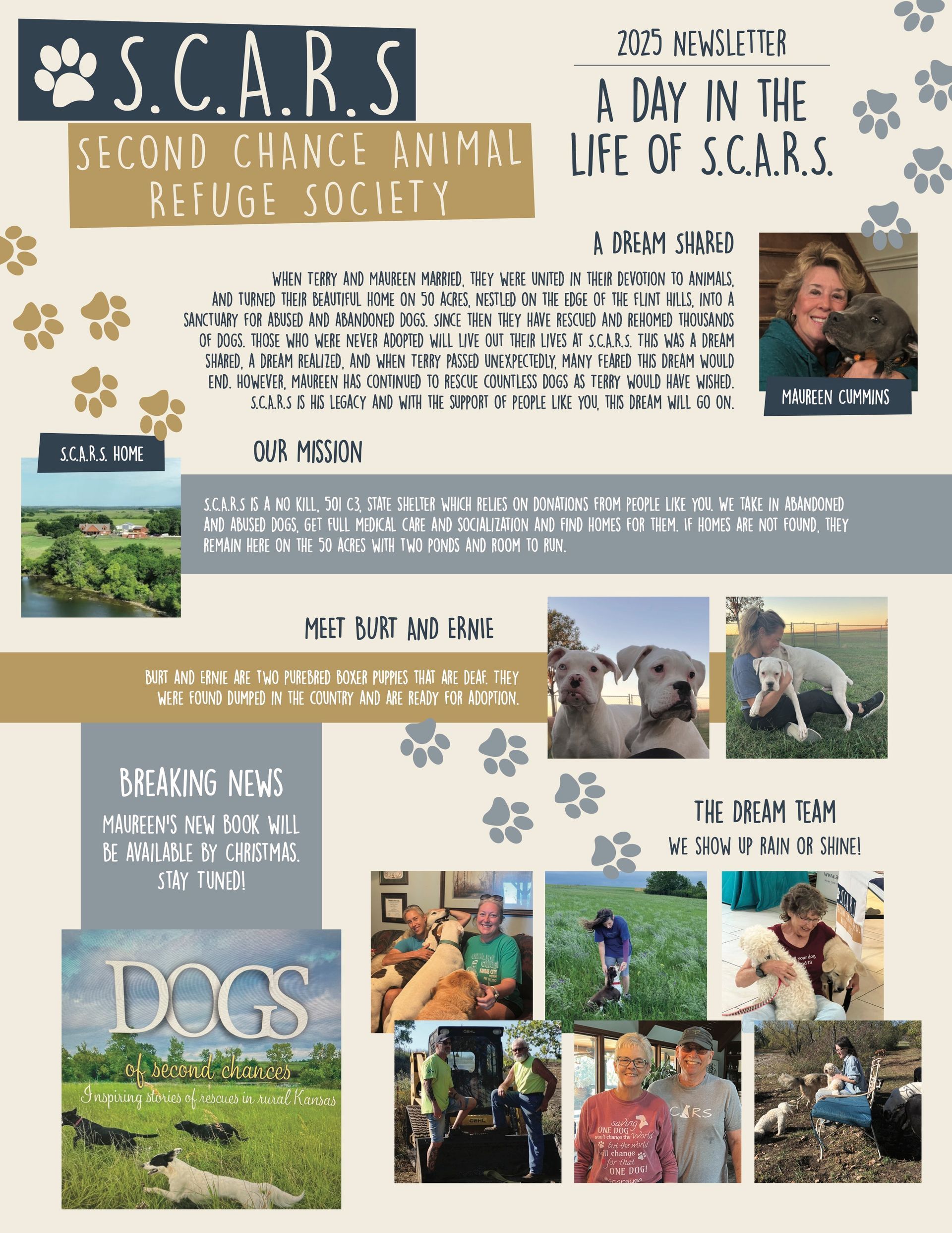 Poster: Second Chance Animal Refuge Society (S.C.A.R.S). Collage with photos, text, and paw prints; a day in the life.