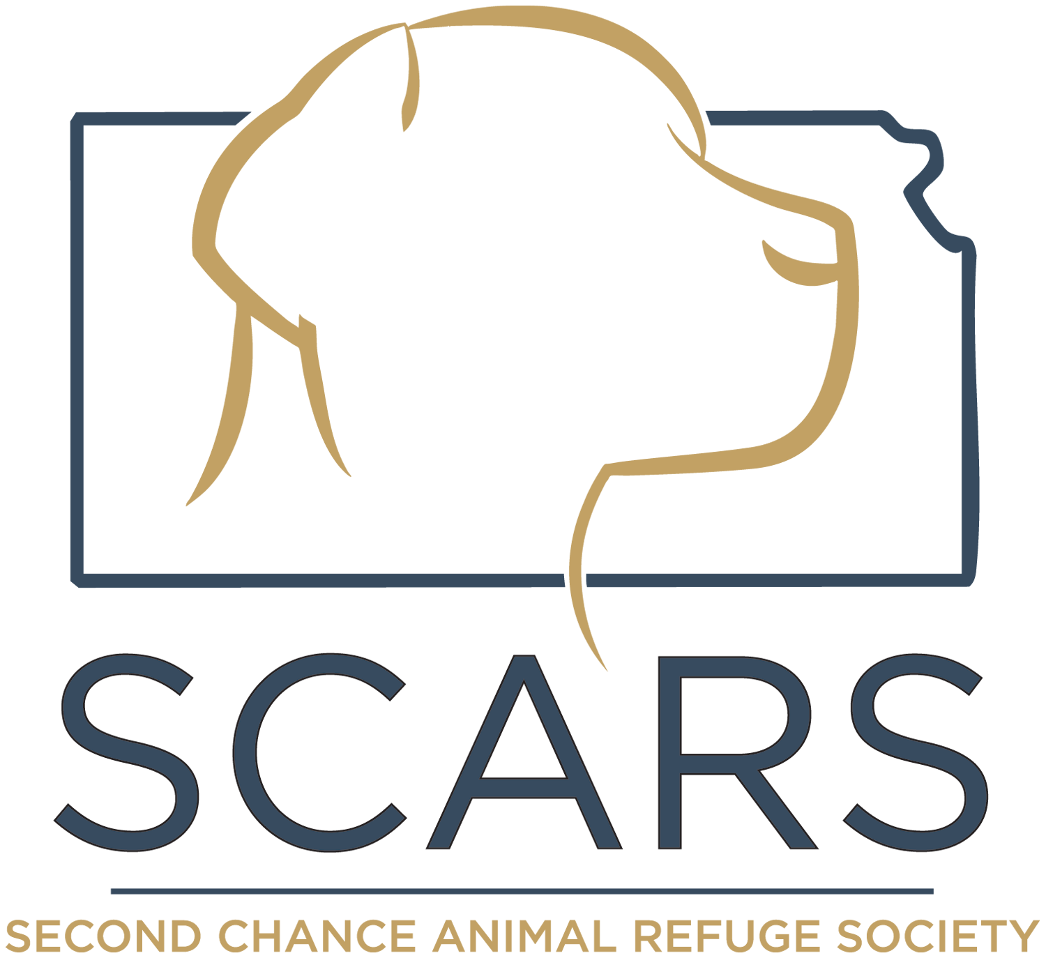 Logo of SCARS animal shelter with outline of a dog inside Kansas outline, navy and tan.