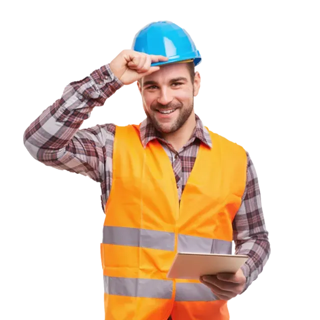 A man wearing a hard hat and an orange vest is holding a tablet