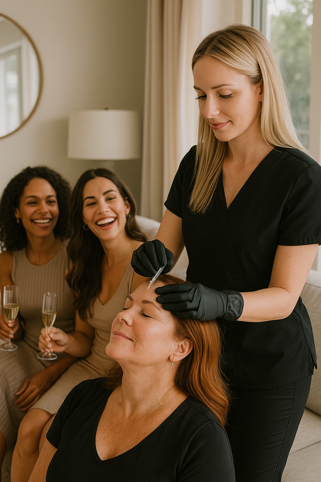 Woman receiving facial injections with friends watching, a well-lit living room setting.