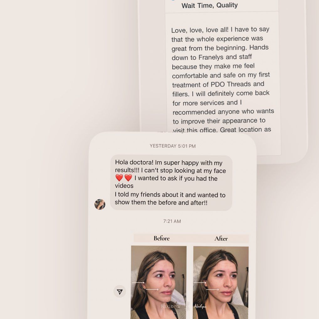 Reviews for a cosmetic service, showing a before/after photo comparison.