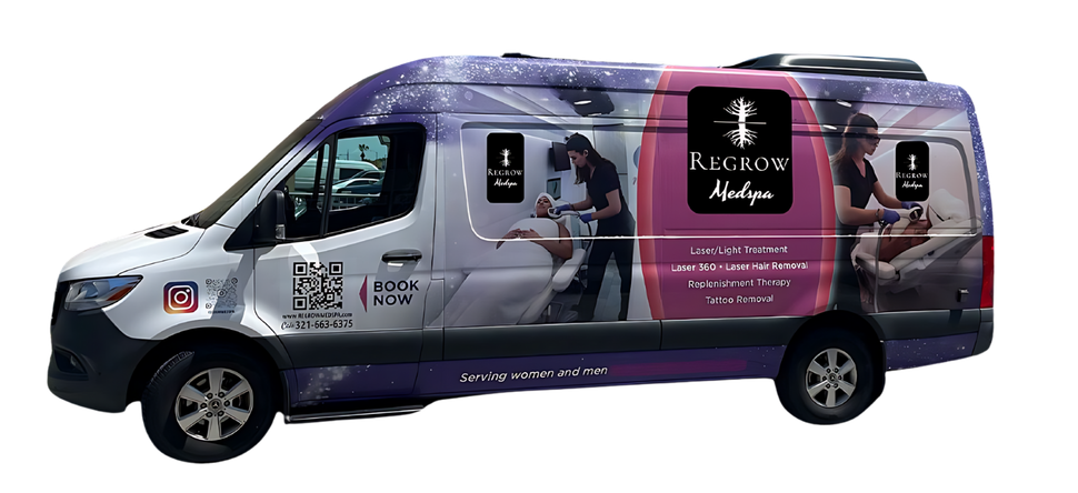 Van with a purple and white wrap; the wrap features the brand’s logo and images of healthcare workers and patients.