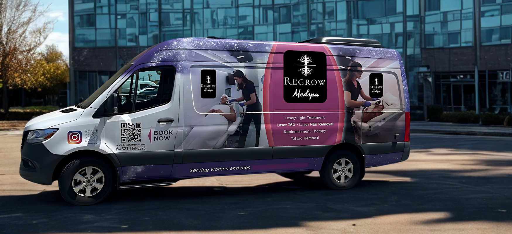 A white and purple van with company logos parked in front of a modern glass building.