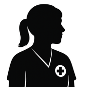 Silhouette of a woman, likely a nurse, in uniform with a ponytail, wearing a medical emblem on her chest.