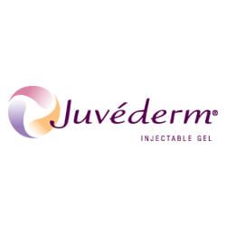 Logo of Juvéderm injectable gel. Features a swirling colorful design with purple text.