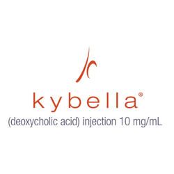 Logo for Kybella, a deoxycholic acid injection, in red and white.