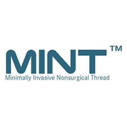Logo for MINT, a minimally invasive nonsurgical thread procedure, teal text on white background.