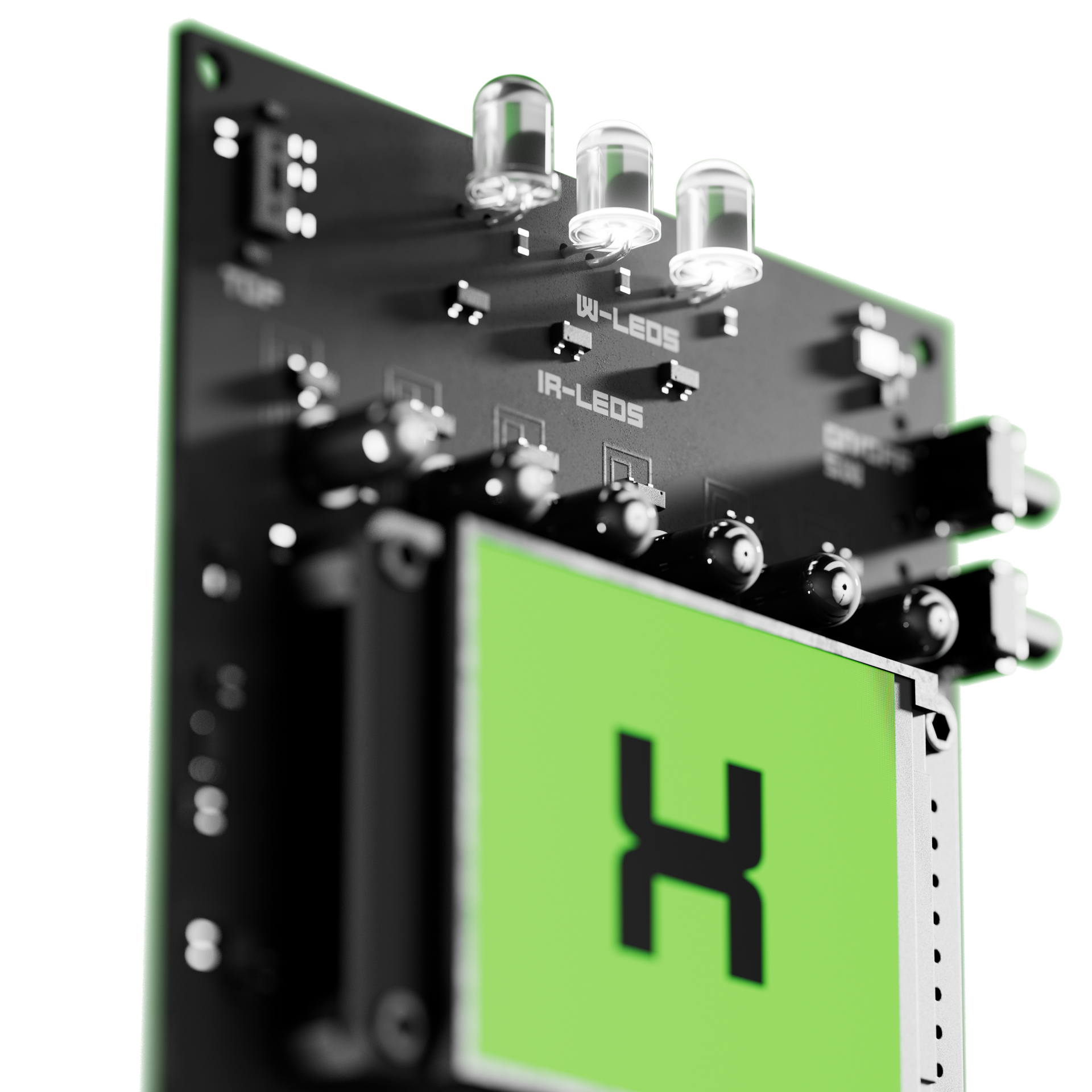 Black rectangular intercom with screen, buttons, speaker, and port.